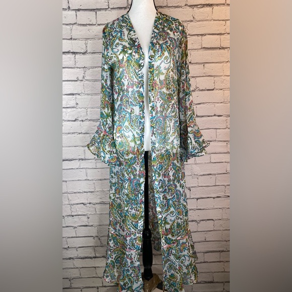VENUS Boho Paisley Floral Kimono Duster With Bell Sleeves Beach Coverup Medium - Picture 3 of 9